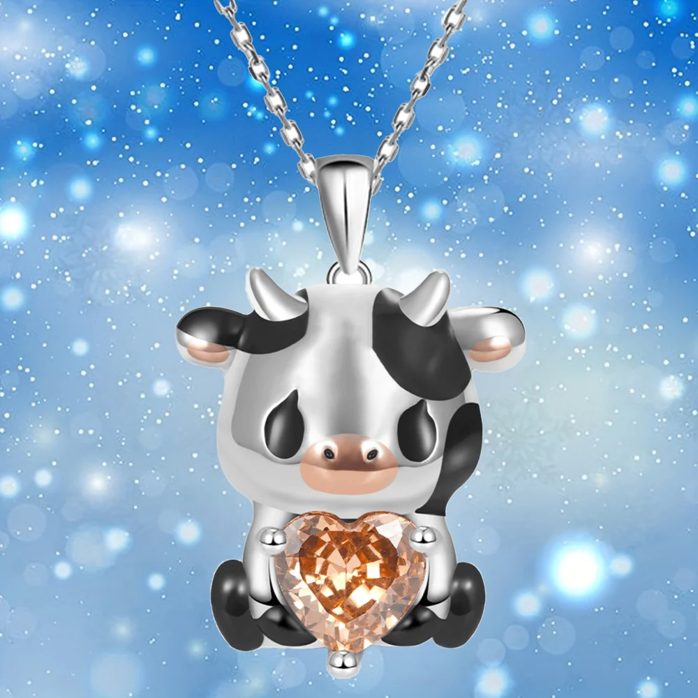 Cute Fashion Cute Cow Hugs Exquisite Heart Shape Crystal Pendant Necklace For Women Necklace Perfect Gift For Girls Ladies