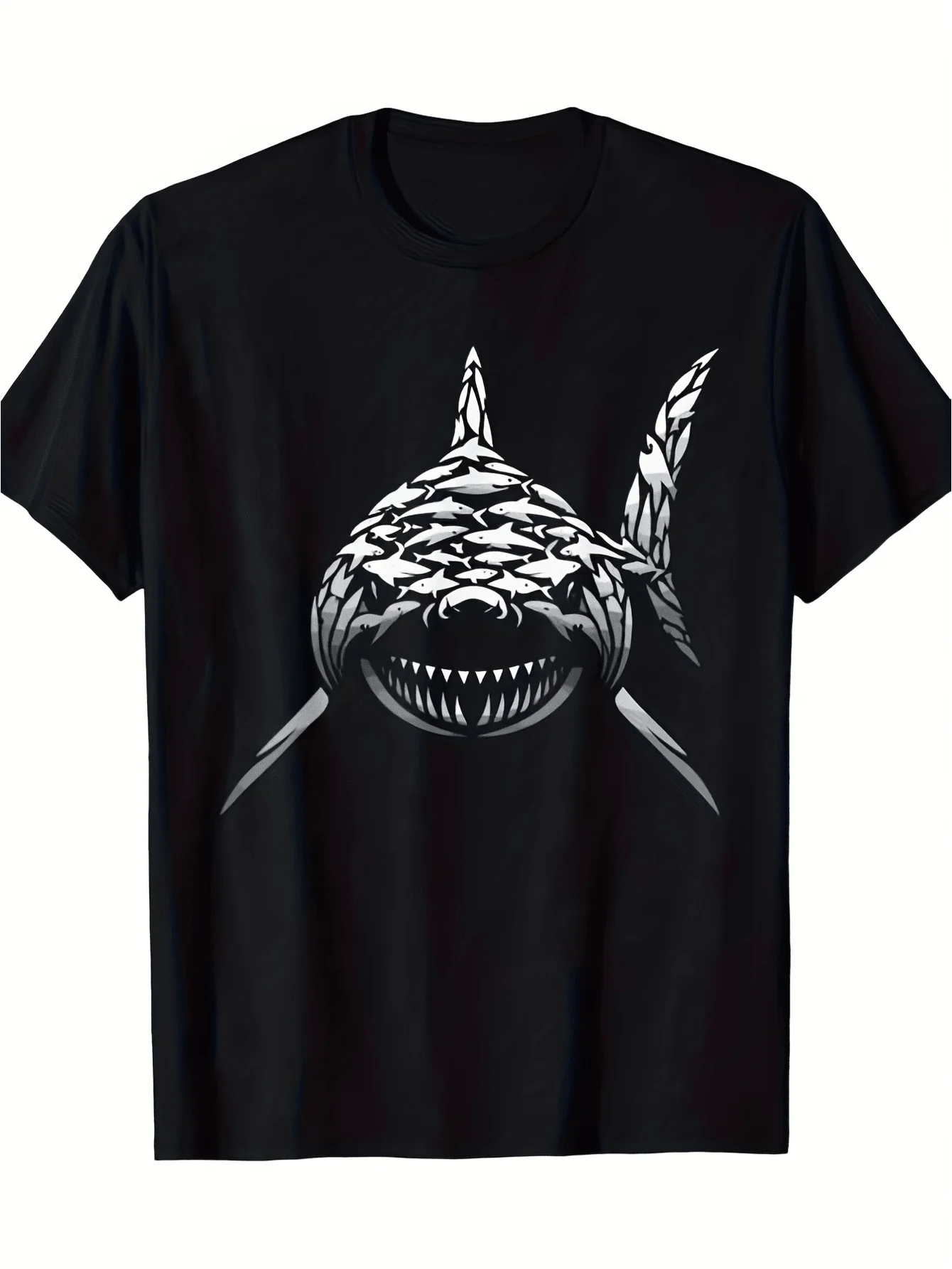 Men' S Oversized Shark Theme T-Shirt - Extra Large Sizes 3XL 4XL 5XL  Heavy Ocean Life Print Shirt - Casual Short Sleeve Shirt, Suitable For