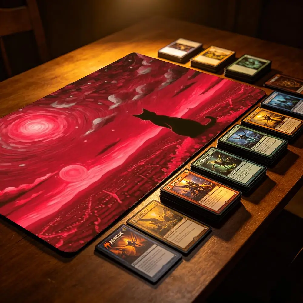 Red Starry Night Van Gogh Style TCG Playmat Black Cat Silhouette Crimson Swirling Sky Cityscape Non‑Slip Desk Mat for Card Game