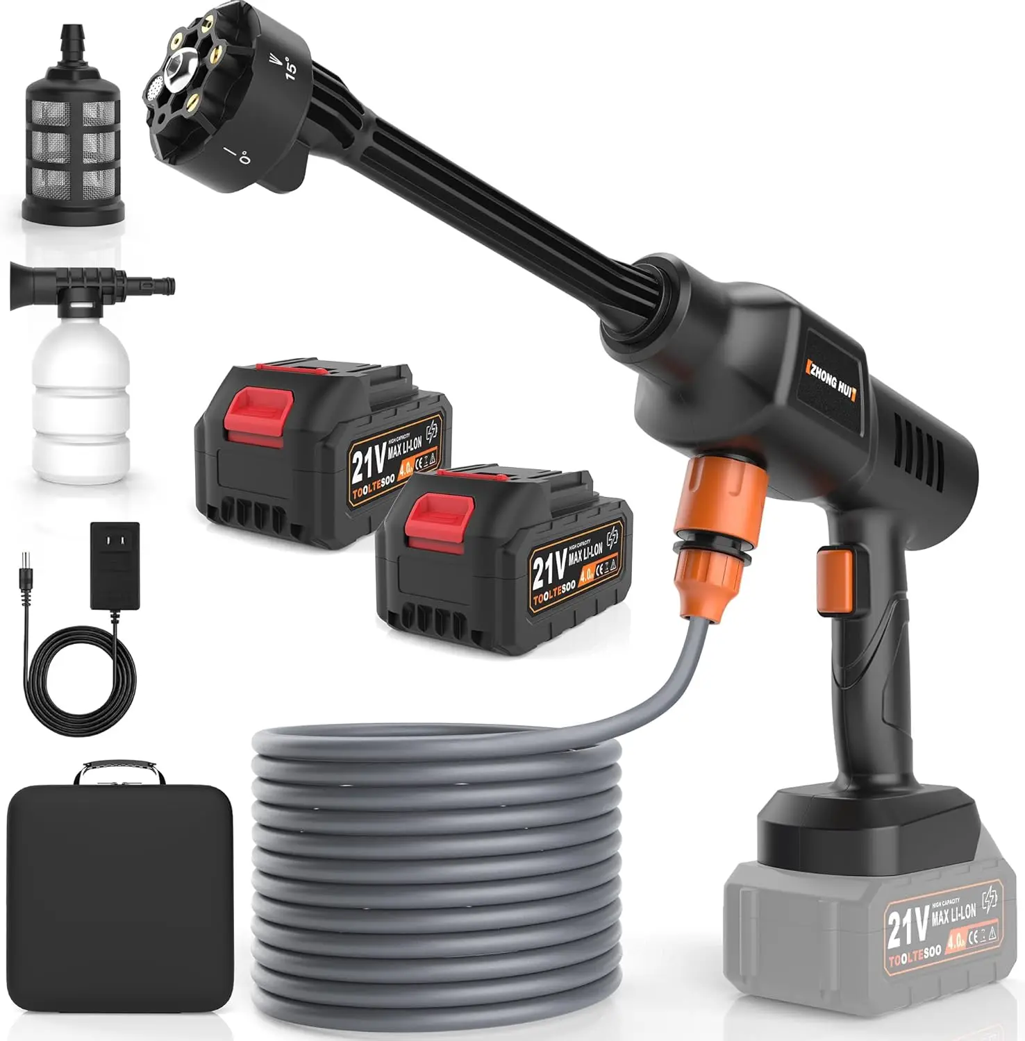 

Cordless Pressure Washer 2000 PSI Portable Kit with 6-in-1 Nozzle, 2x 21V 8000mAh Batteries, Foam Pot for Car, Garden, Patio, Dr
