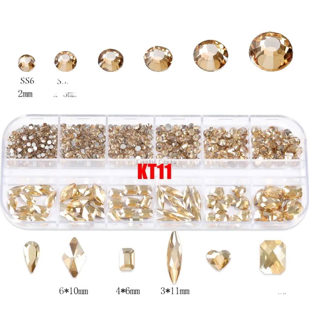 12 Grids Sparkle Translúcido Colorido Mix Formas Flatback Vidro Diamantes Nail Art Strass Jewel Decorações Manicure Encantos