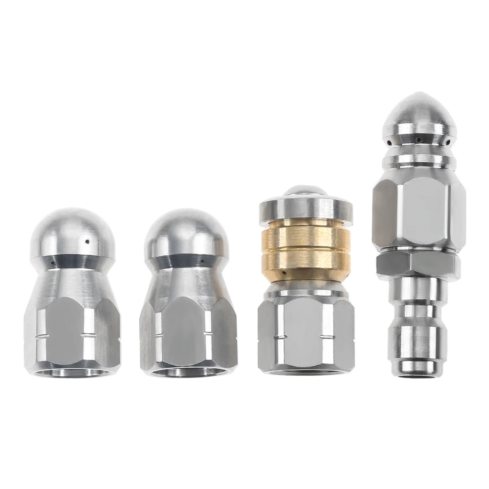 

4pcs/set Pressure Washer Sewer Jetter Nozzles Stainless Steel Pointed/Button Nose/Rotating/Corner Jetting 1/4" Quick Connector