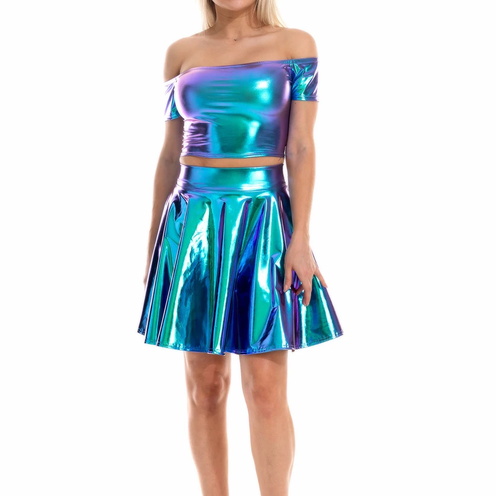 Festival Skirt Short Sleeve Slash Neck Crop Tops Pleated Mini Skirts Y2K Streetwear Shiny Wet Look PU Women Club Party Outfits