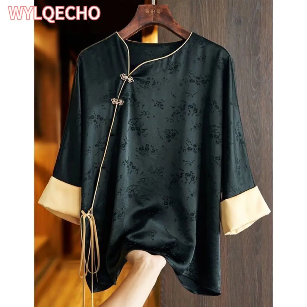 

2023 Chinese Cheongsam Retro Blouse Women Chinese Style Spring Autumn Retro 3/4 Sleeve Top For Women Loose Cheongsam Top