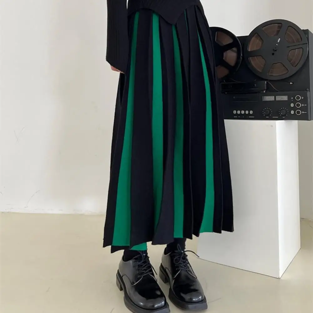 

Autumn Winter Knitted Skirt Female High-waisted Green Thick Pleated Skirts Woman Contrast Color Vintage Fashion Midi Skirt