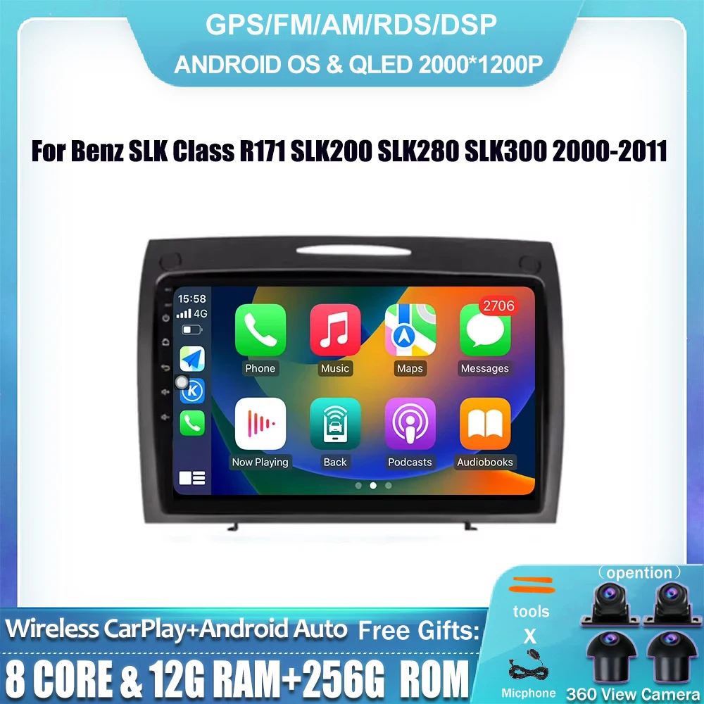 

Carplay Car Radio GPS Navigation Multimedia Player Android 14 For Mercedes Benz SLK Class R171 SLK200 SLK280 SLK300 2000-2011