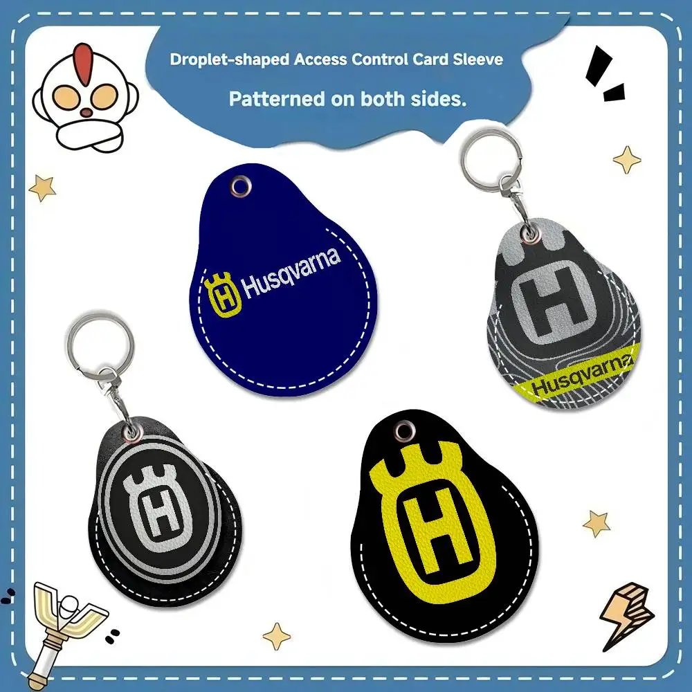 H-Husqvarnas Logo 1pcs Leather Card Holder with Key Ring Water Drop Shaped Key Case Keychain Doorlock Accessories