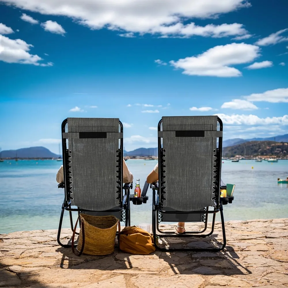 كرسي صالة بدون جاذبية مع وسائد وحامل أكواب، كرسي تخييم خارجي قابل للتعديل شبكي فولاذي للشاطئ والساحة #2