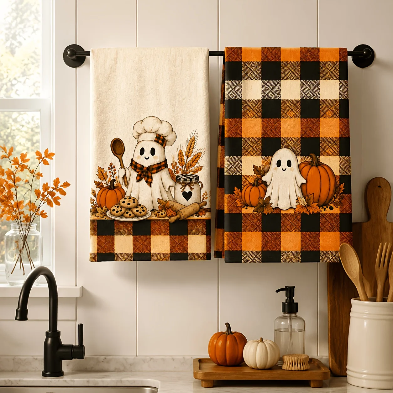 2pcs Autumn Pumpkin Chef Set, Playful Vintage Farmhouse Style Dish Cloths for Washing Dishes and Drying Hands