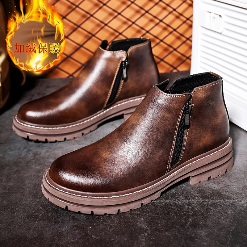 

Autumn Winter New Men Side Zipper Height Increasing Fashionable Casual Non Slip Breathable Thick Soled Short Boots