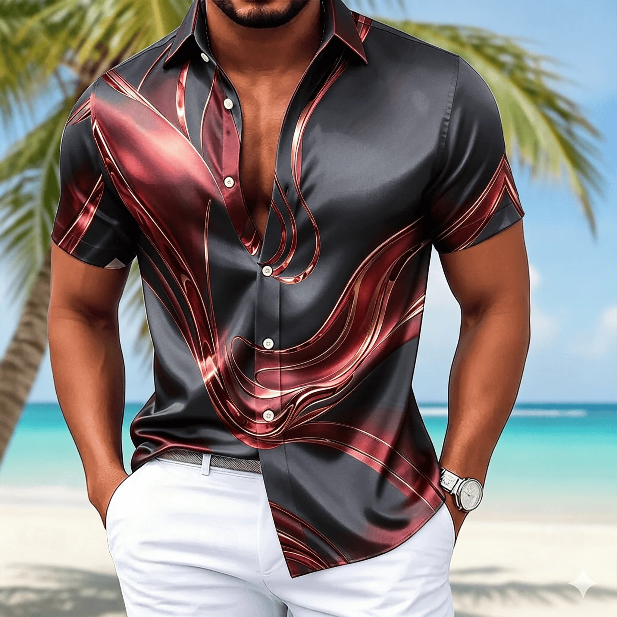 Men's Cream Lavender Swirl Print Short Sleeve Shirt, Elegant Abstract Fluid Pattern Casual Button Down for Spring & Summer