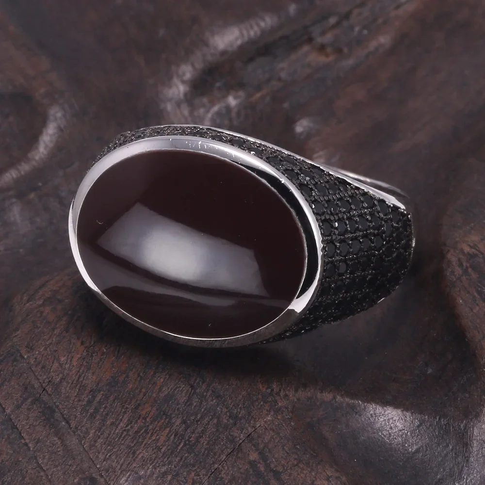 Guaranteed 925 Sterling Silver Turkish Rings For Men Women With Black Brown Stone Micro Zircon Paved Male Jewelry