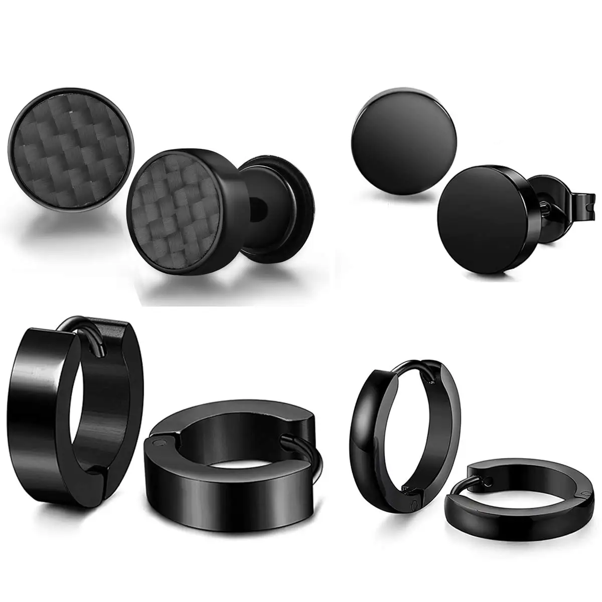 WKOUD 4 Pairs Mens Earrings Black Huggie Hoop- Stainless Steel Circle Piercing Earrings For Mens Women