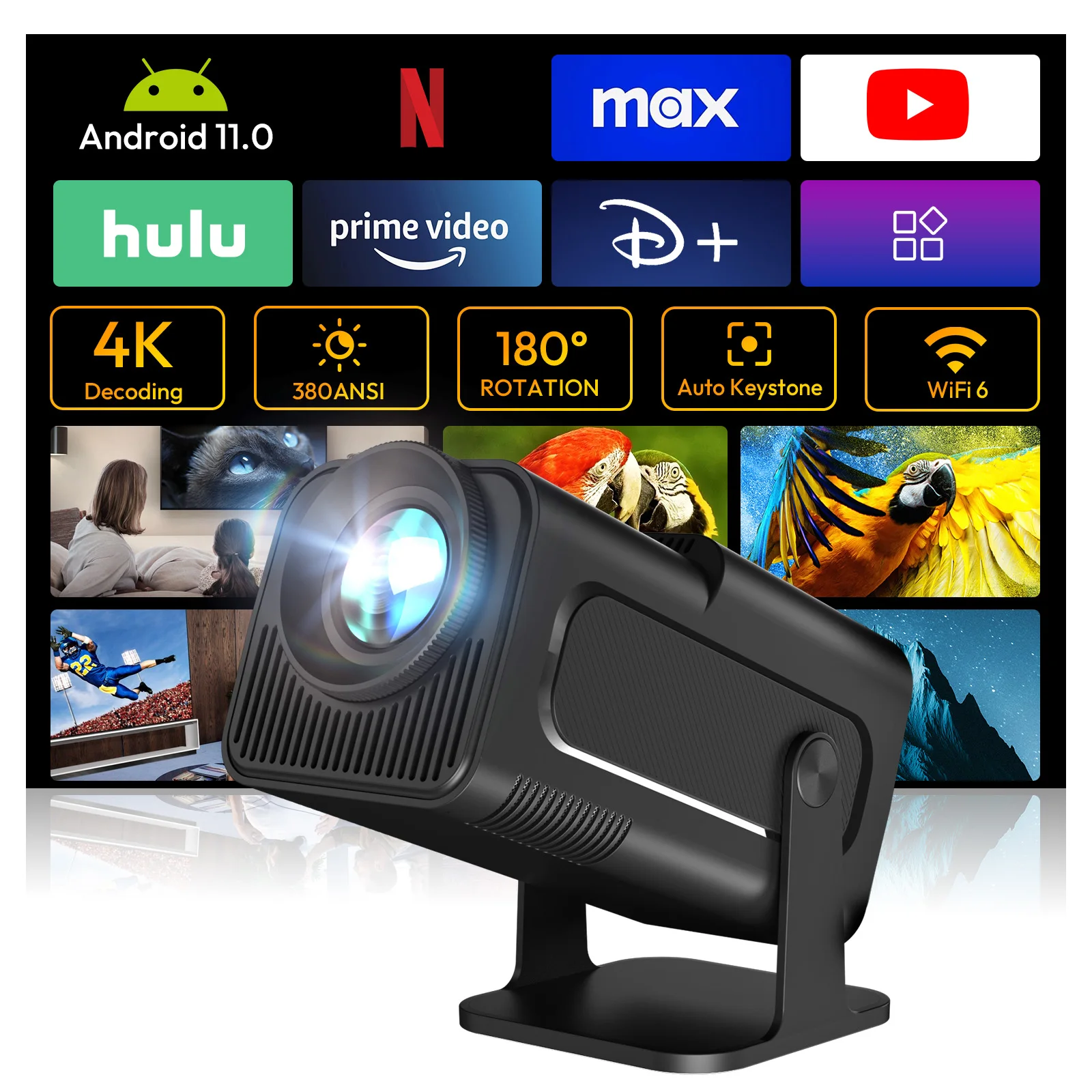 XGODY HY320 4K Android 11 projecteur 390ANSI double WiFi6 BT5.0 Portable natif 1080P mise au point automatique film cinéma maison