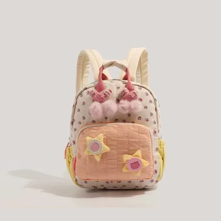 Cute Cartoon Small Strawberry Printed Canvas Mini Backpack Breathable Fabric Sweet Girly Daily Shopping Kids Hiking Portable Bag