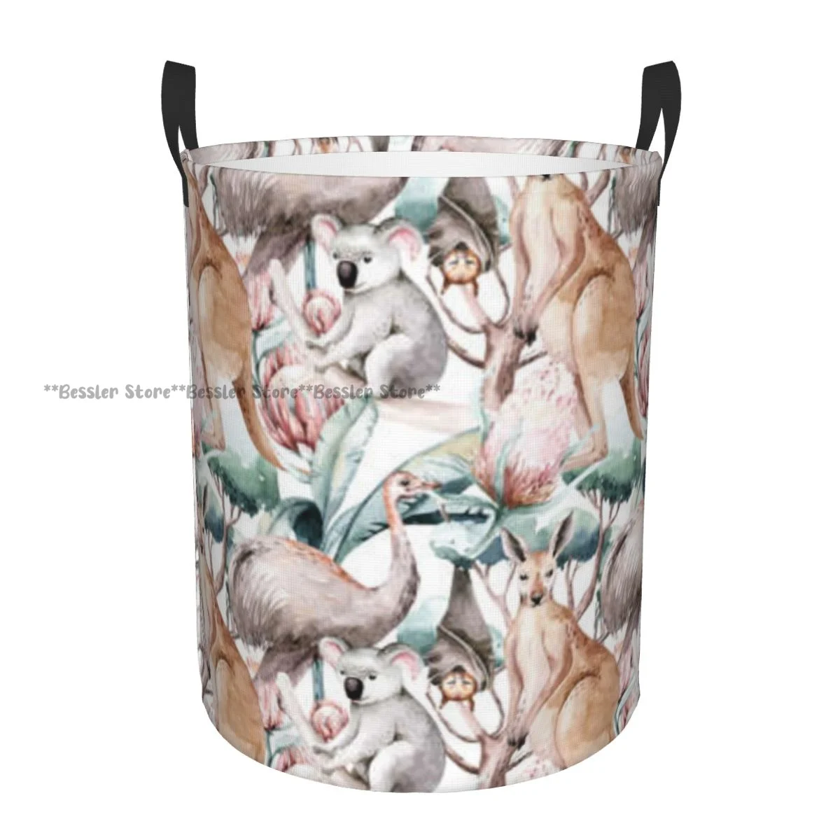 Laundry Basket Watercolor Australian Cartoon Kangaroo Koala Round Storage Bin Collapsible Hamper Clothes Bucket Organizer