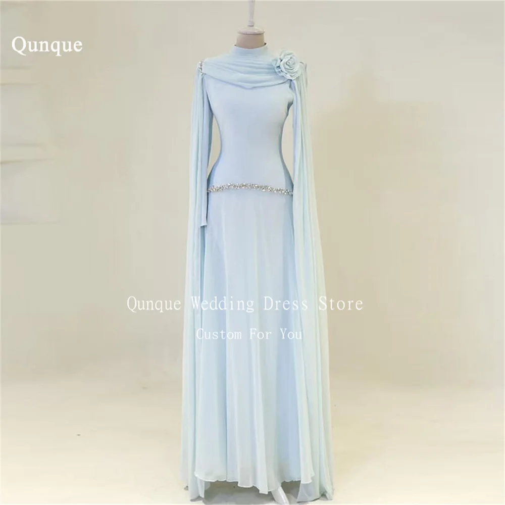 Qunque Himmelblaues Chiffon-Abendkleid, klassisches Hochhals-Abendkleid mit Blumen und Kristallen, Robes De Soirée, lange Ärmel, Ballkleider, individuell gestaltet