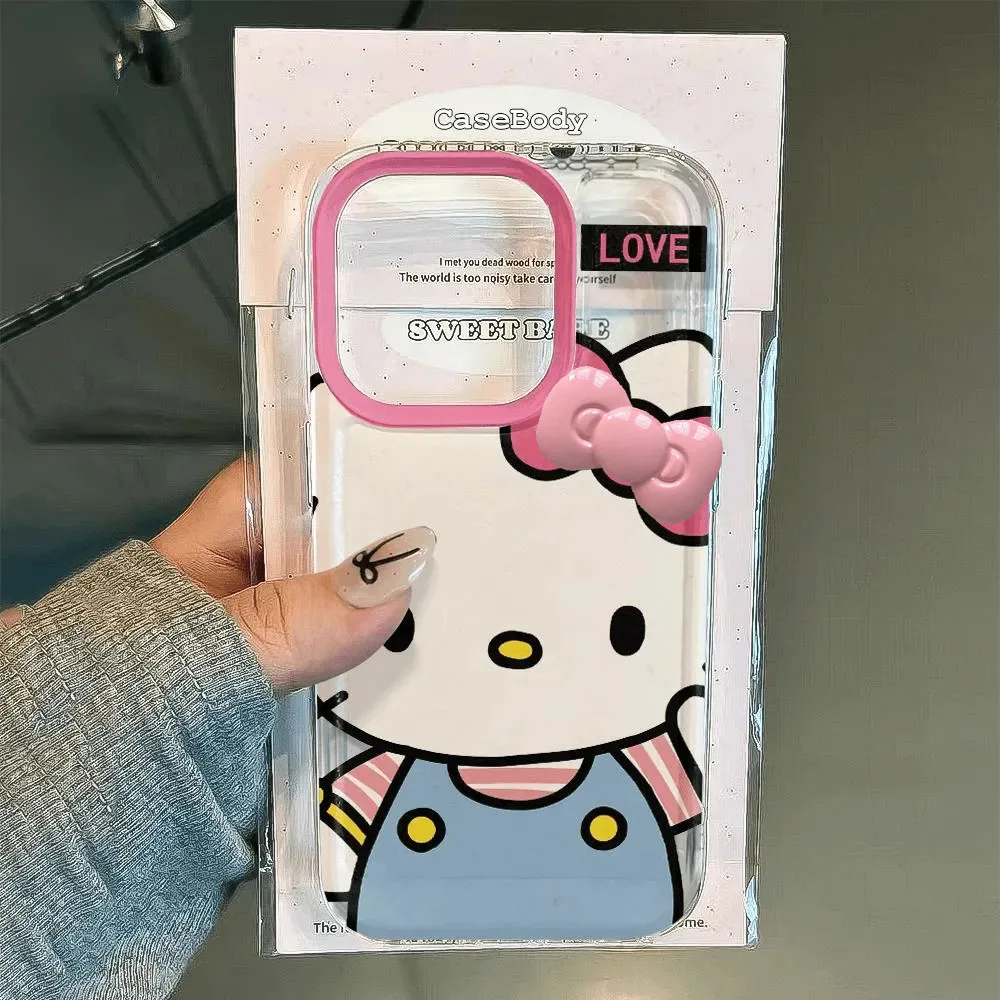 جراب هاتف كاواي بحزام قوس كبير من Hello Kitty لهاتف آيفون 16 15 14 12 13 11 Pro Max XR XS MAX 7 8 PLUS Y2K غطاء فتاة وردي