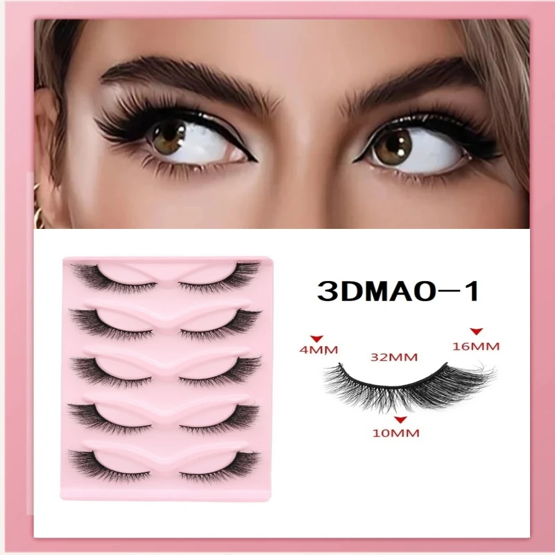 5 Pairs/Tray  Cat Eye contour wispy natural long  not fall apart fox Winged thin band cotton stalk strip eyelash