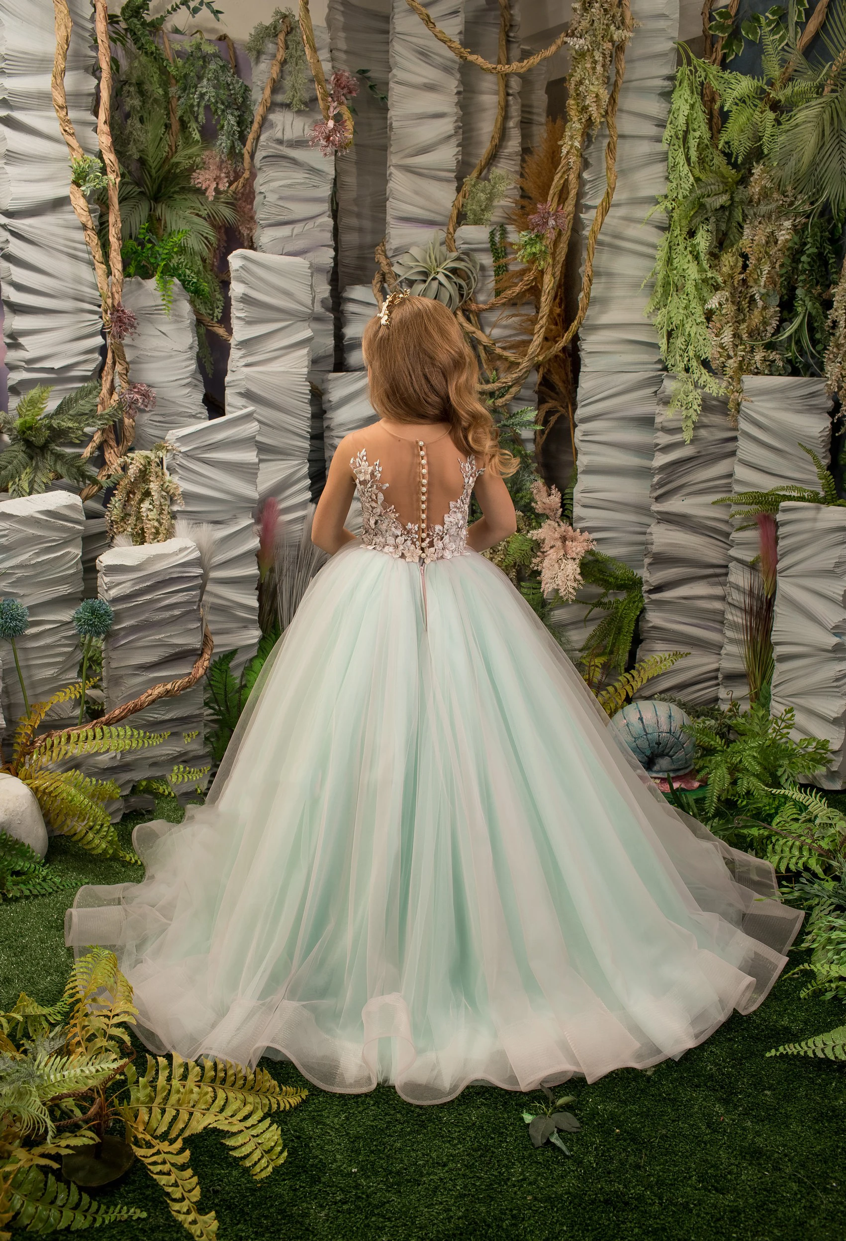 FATAPAESE Delicate Mint Fluffy Flower Girl Dress Floral Lace Pearls and Rhinestones Adorn the Bodice Multilayered Ruffle Train