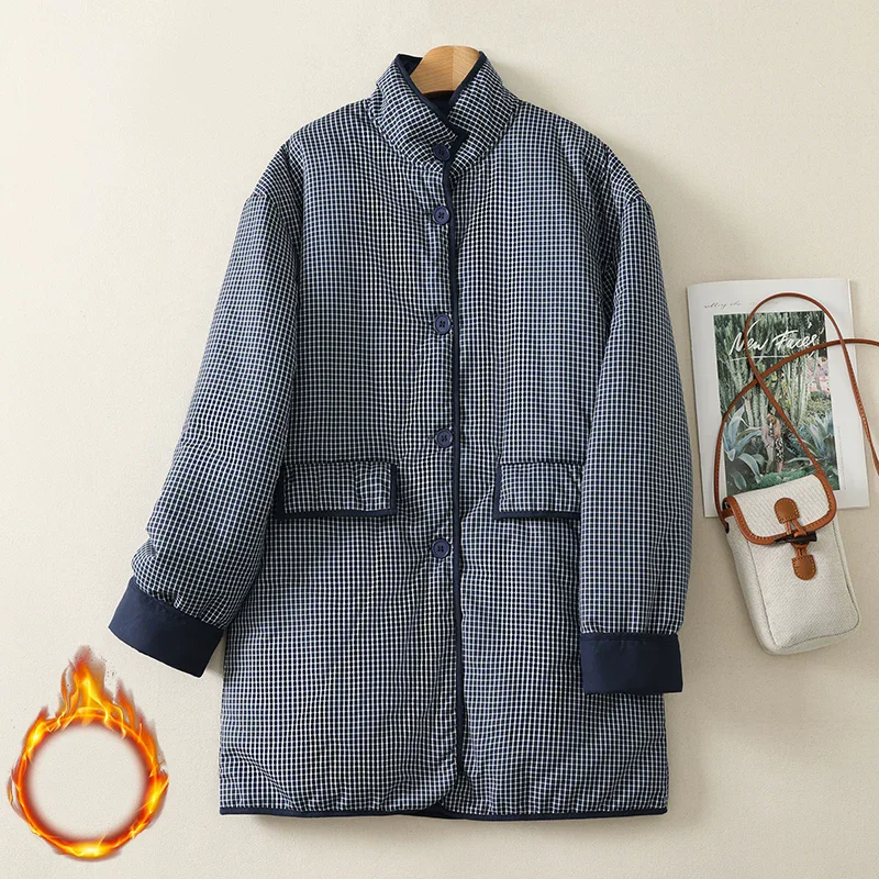 Women's Blue Retro Checkered Coat Autumn Winter Korean Style Loose Medium to Long Single Row Buttons Outerwear j2246