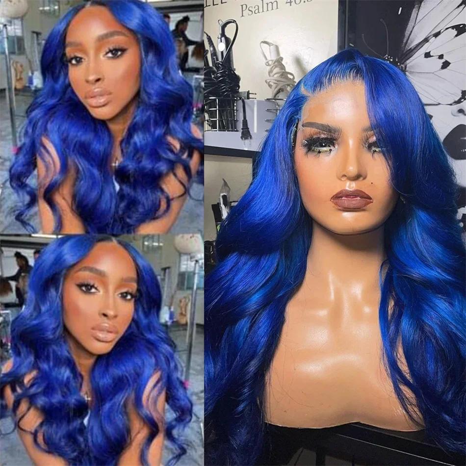 สีน้ําเงินเข้ม 13x4 ลูกไม้ด้านหน้าผมมนุษย์ Wigs สําหรับผู้หญิง Pre Plucked Blue Body Wave โปร่งใสลูกไม้ด้านหน้าวิกผม 100% Human Hair