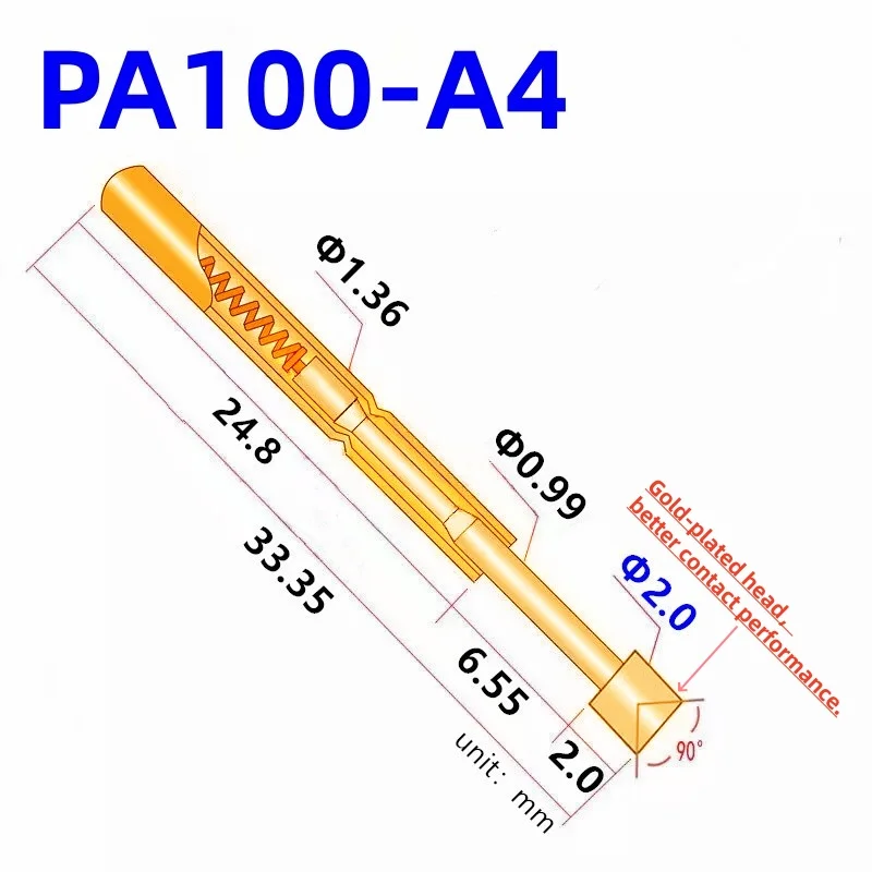 100PCS PA100-A4 Spring Test Probe PA100-A Test Pin Test Tool 33.35mm 1.36mm Gold Needle Tip Dia 2.0mm Pogo Pin P100-A P100-A4