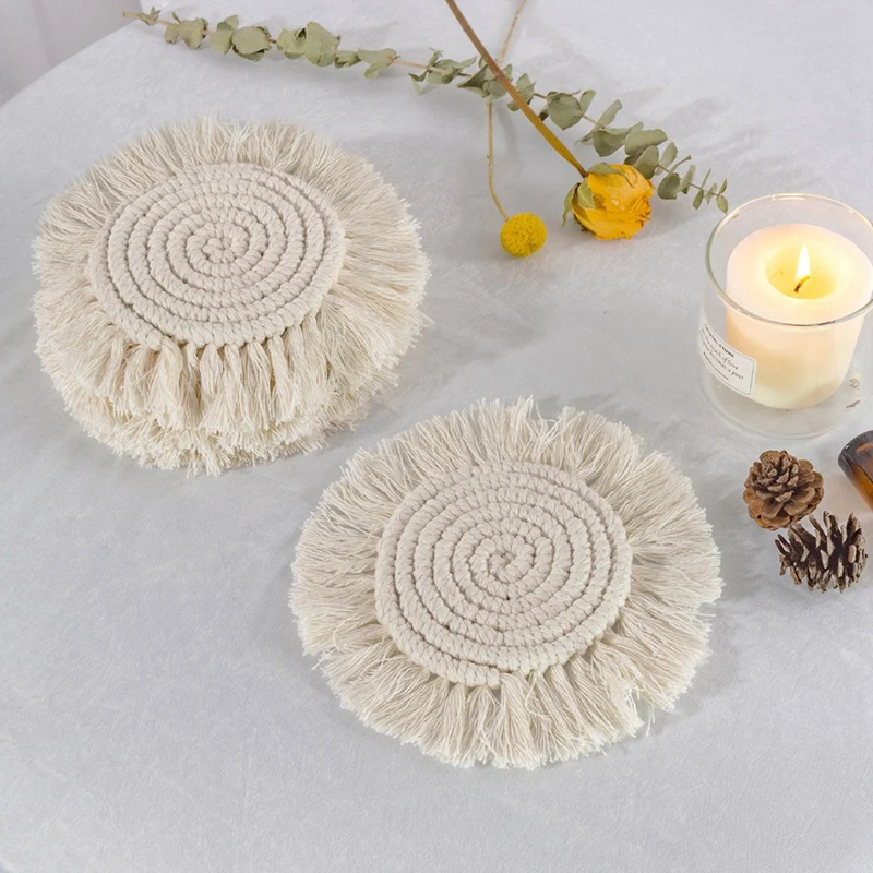 5PCS Coasters For Drinks Absorbent Macrame Handmade Cotton Coasters For Coffee Table, Boho Coaster Set With Tassels Heat