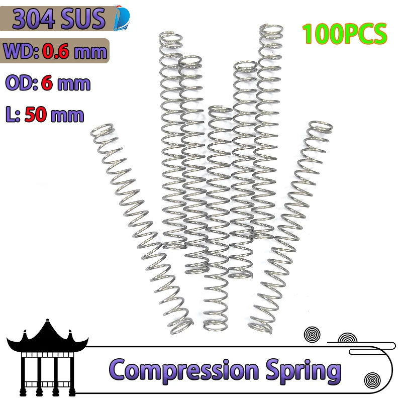 

100PCS 304 Stainless Steel Compression Spring Wire Diameter 0.6 * 6 * 50mm Cylindrical Compression Spring