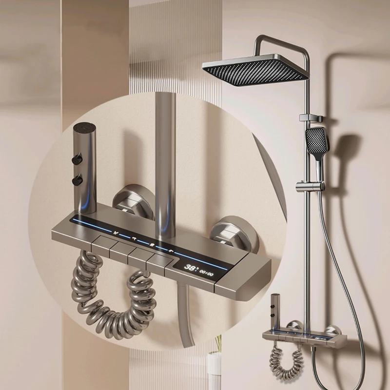 Gunmetal gray piano with LED temperature-controlled shower set for home bathroom with rain shower and temperature display for pr