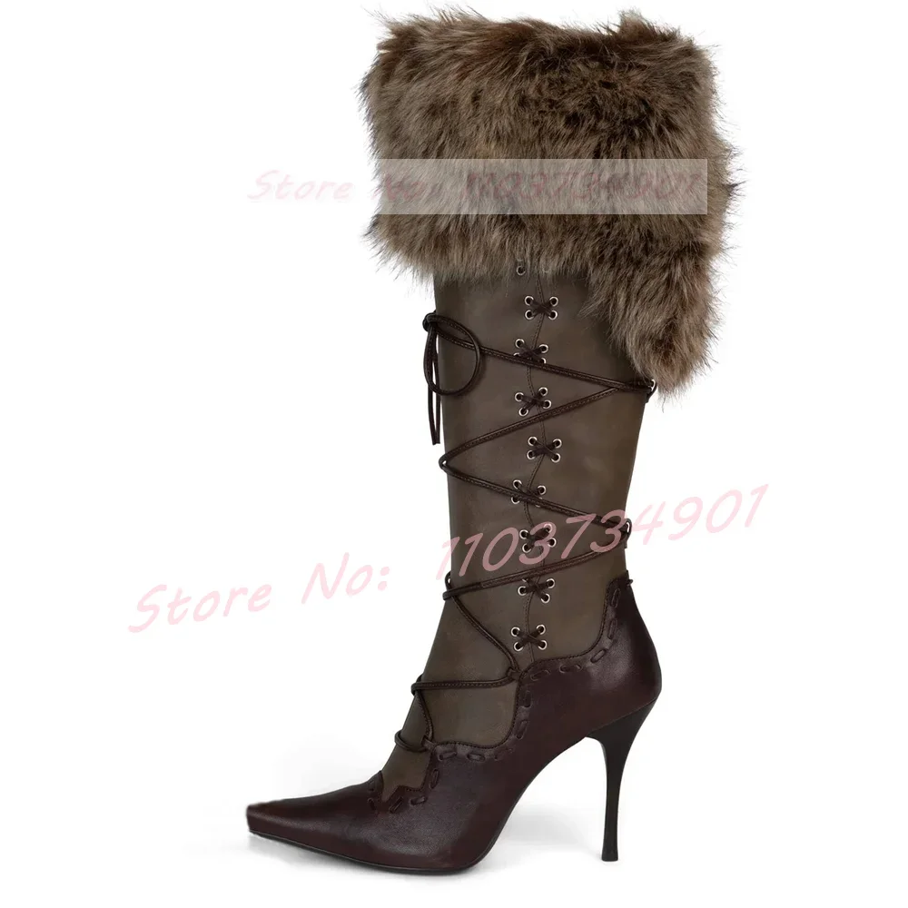 

Brown Fur String Cross Tied Stiletto Heels Boots Women Sewing Bowknot Pointy Toe Warm Knee High Boots Lady Trendy Party Big Size