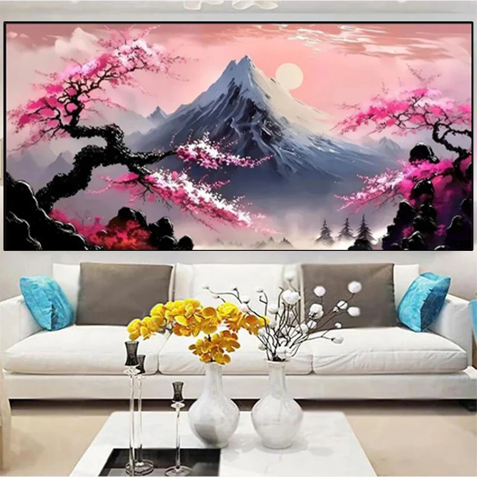 

DIY Diamond Art Painting New Japanese Landscape Sakura Mountains Sun Full Diamond Mosaic Creative Hobbies Wall Decor for Home