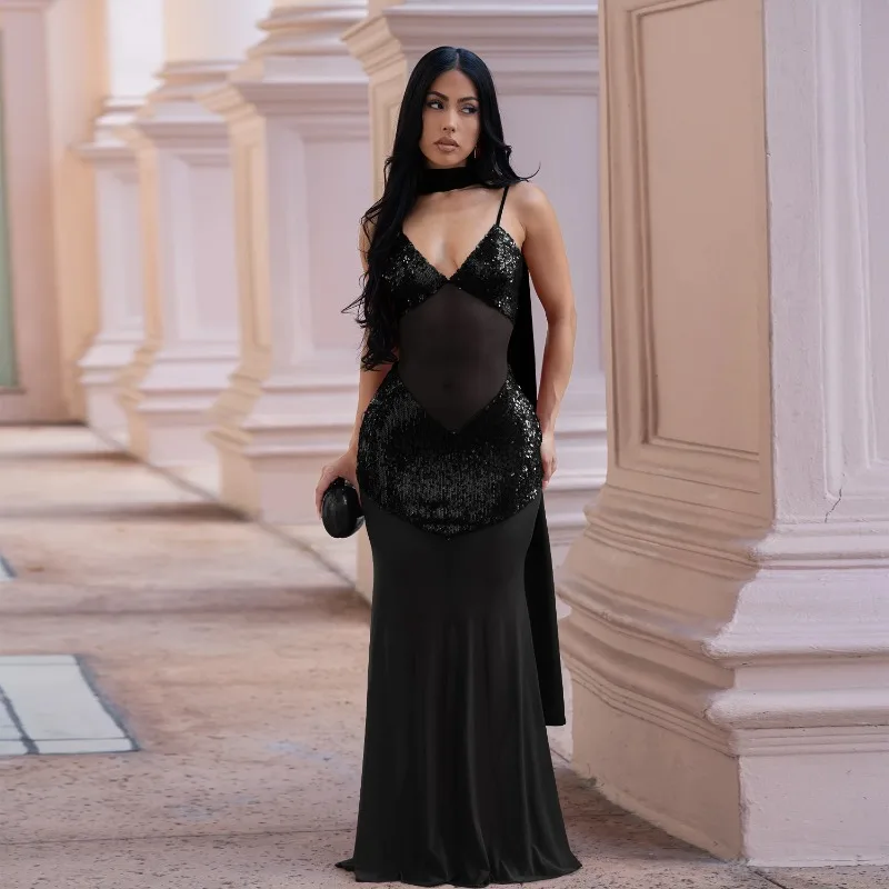 

KEXU Fashion Women's Sexy Sheer Mesh Suspender V-neck Sequined Dress Hollow Out Party Maxi Long Dresses