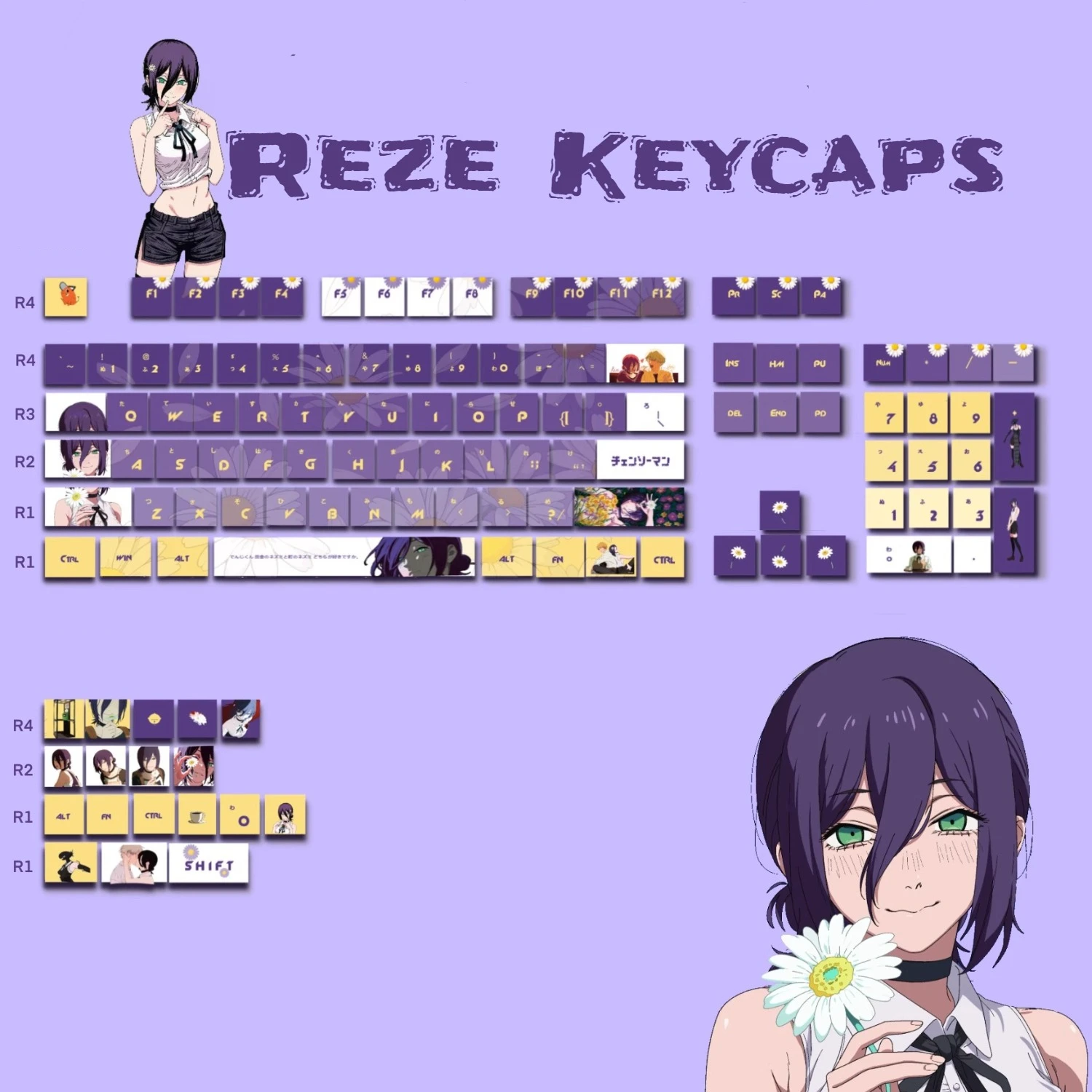 

MAIMOOO Reze Keycaps 122 Keys ASA Profile Chainsaw Man Anime Keycap PBT+PC Four-sided Translucent Purple Pudding Keyboard Caps