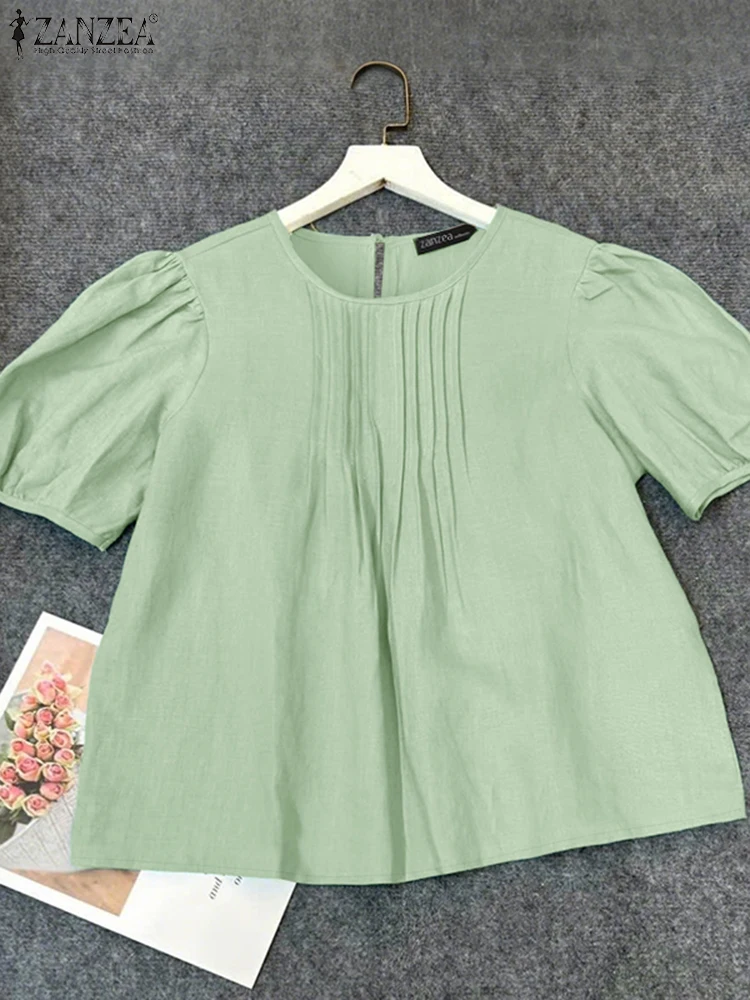 ZANZEA Blusas de lino y algodón de verano para Mujer, Blusas a la moda con babero plisado y cuello redondo, Blusas de manga corta abombada para Mujer, camisa de Color sólido para todos los días