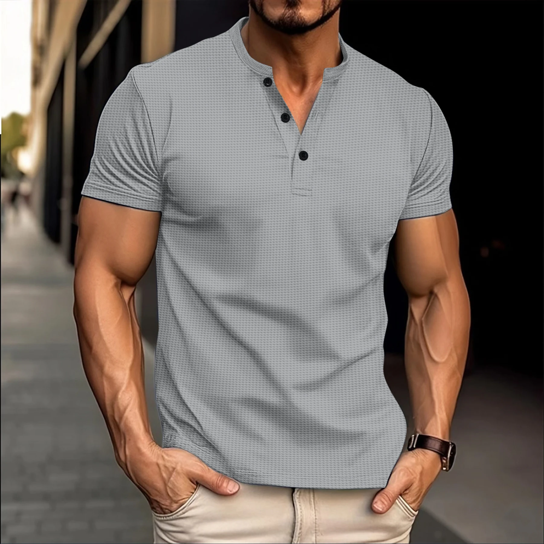 2024 Best-Selling Men\'s Henry Shirt Solid Color Crewneck Button-Down Men\'s Short-Sleeved Casual And Comfortable Men\'s Clothing