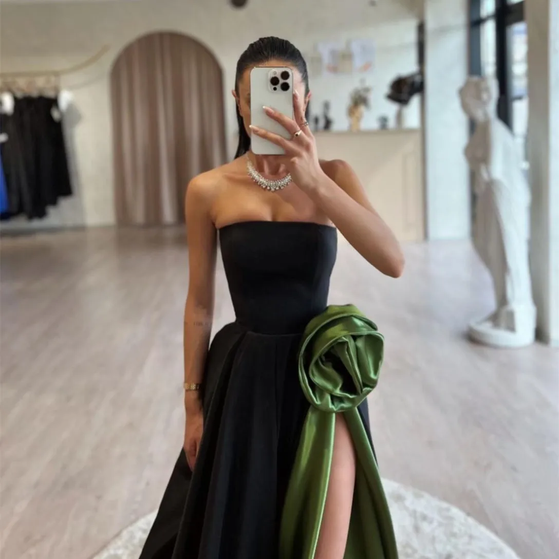 Classic Long Black Prom Dresses with Slit/Flower A-Line Strapless Pleated Wedding Guest Dress Watteau Train for Women