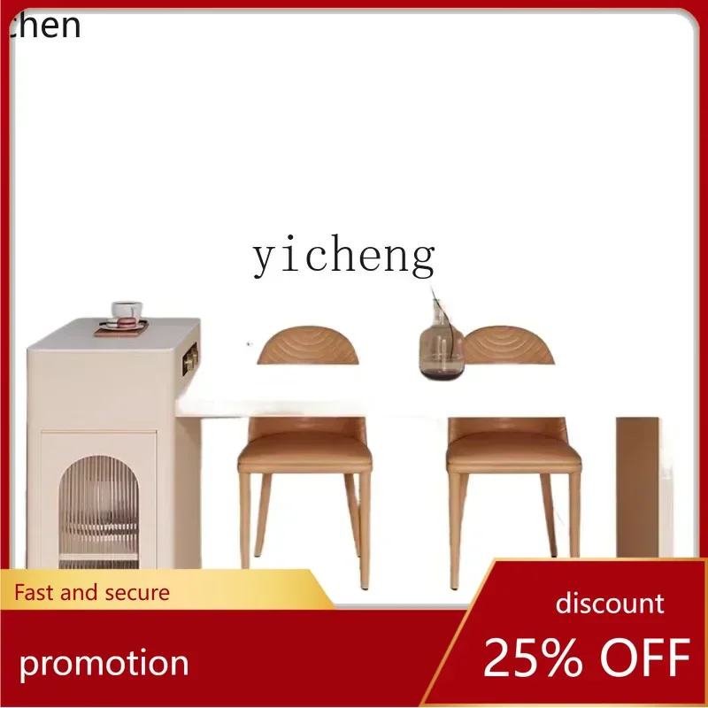 ZMLcream wind island dining table integrated household small apartment retractable rock slab dining table middle island