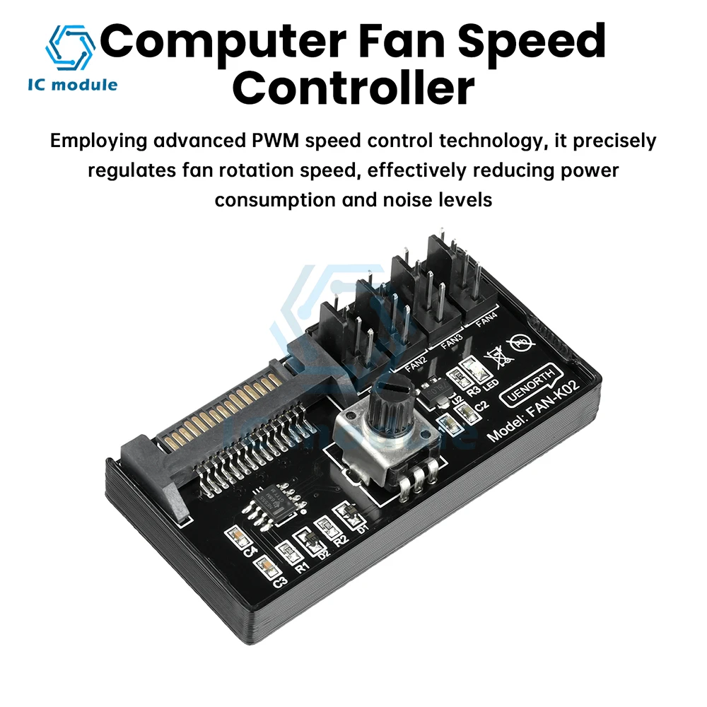 

PWM Computer Fan Speed Controller 60W High-Power Hub Sata DC Power Controller for PC Four-Wire Fan Speed Control