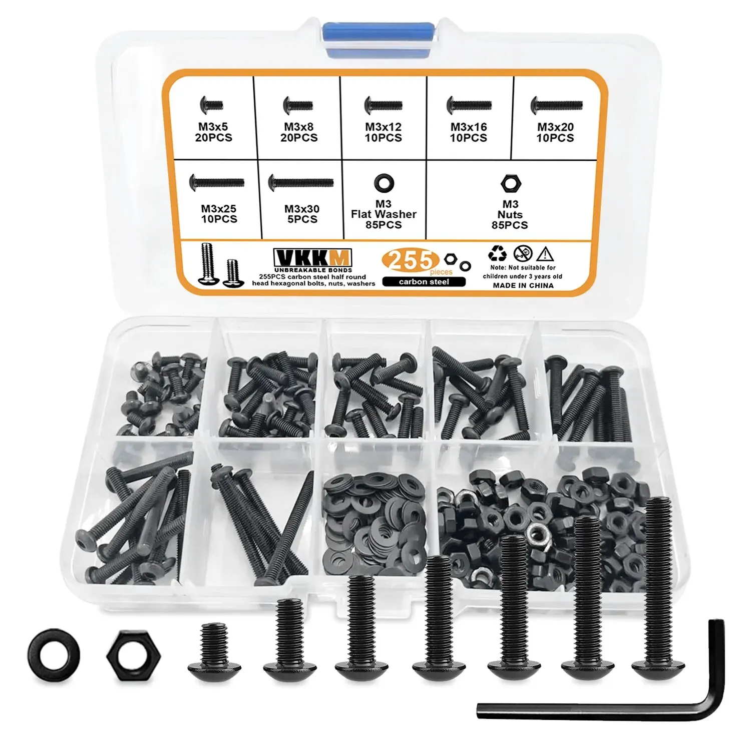 255 шт. винты с шестигранной головкой M3, M3x5/8/12/16/20/25/30 мм, черные винты с шестигранной головкой, набор в ассортименте