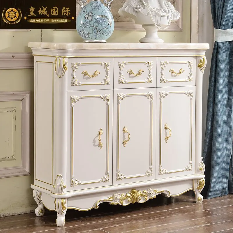 European marble shoe cabinet, solid wood carving ivory white gold painted shoe cabinet, locker storage cabinet, high cabinet