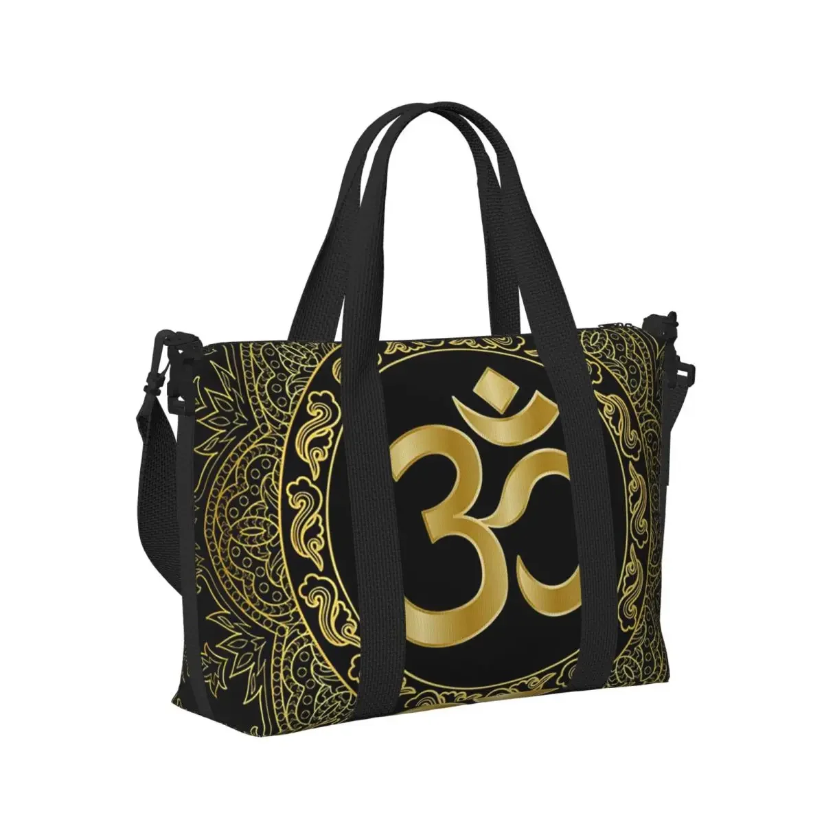 

Gold Golden Mandala Om Yoga Aum Ohm Henna Beach Travel Bag Large Capacity Tote Bags for Yoga Women Shopping Duffle Shoulder Bag