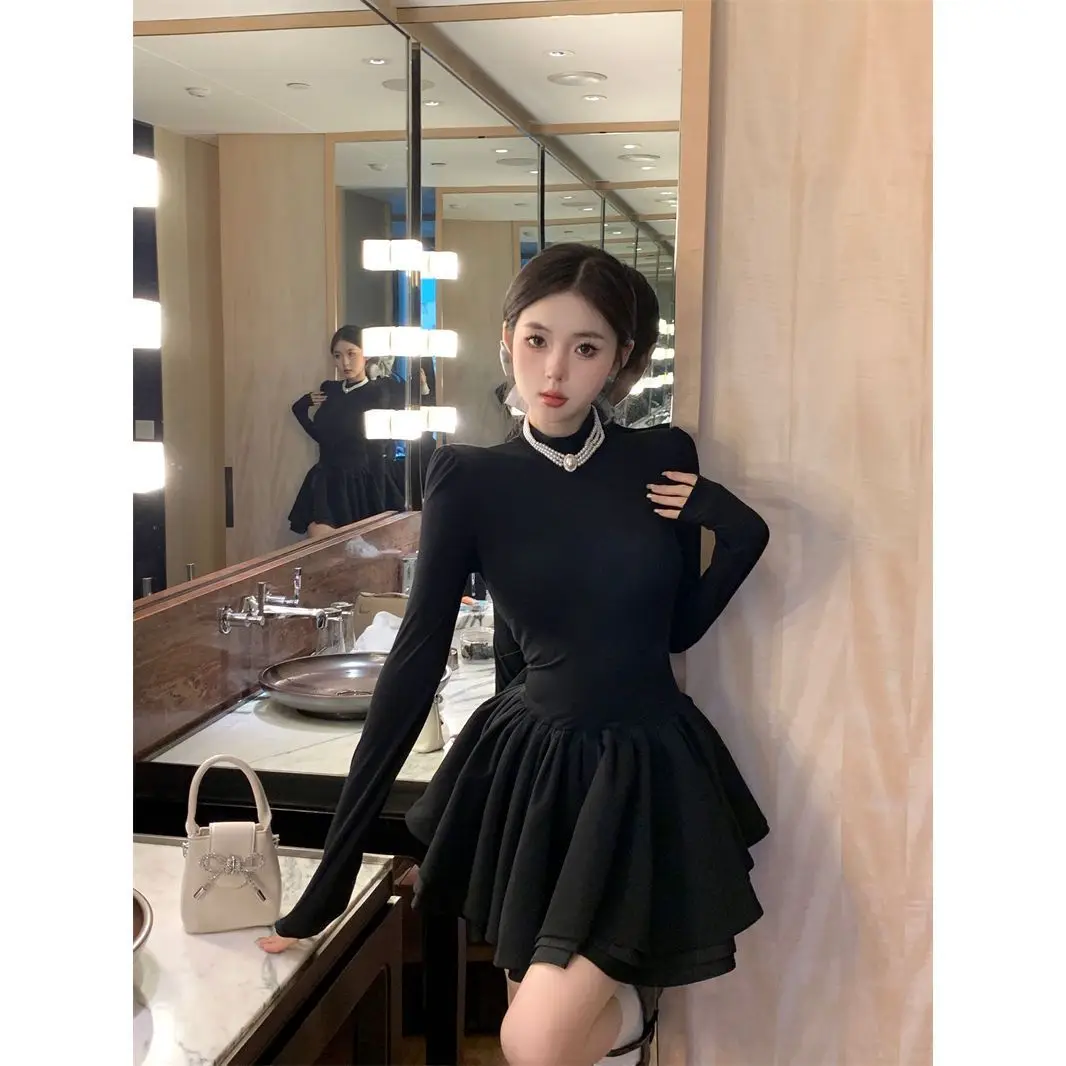 Graceful Princess Qianjin Birthday Formal Dress Dress Autumn and Winter Half-high Collar Base Inner wear Black Dress Puffy Sk...