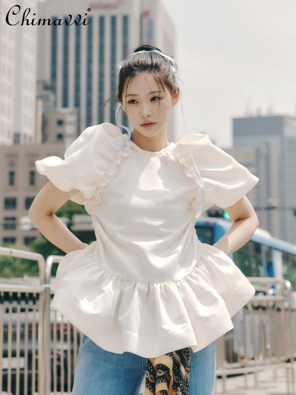 

Japanese-Style Retro Puffy Puff Sleeve French Girl Glossy Ruffled Women Tops Summer Sweet Round Neck Loose Doll Shirts Blouse