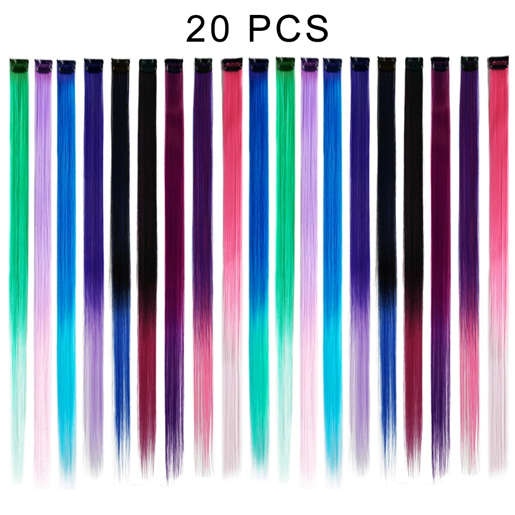20 szt. Wielobarwne klipsy na przedłużanie włosów Ombre kolorowe sztuczne włosy 22 Cal tęczowe akcenty na prezent na imprezę dla dziewczynek