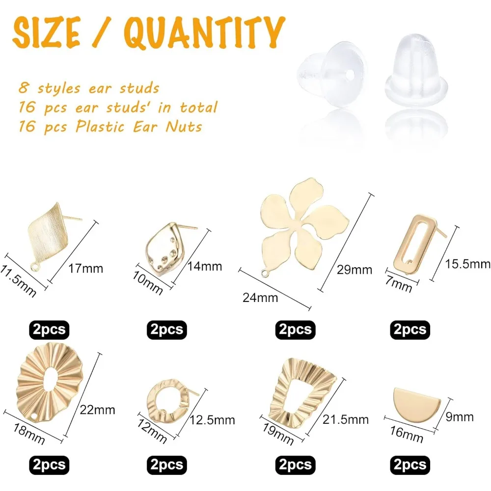 32PCS(16 Pair) 18K Gold Plated Brass Stud Earring Flower/Oval/Rhombus Stud Earring with Loop for DIY Earring Making Supplies