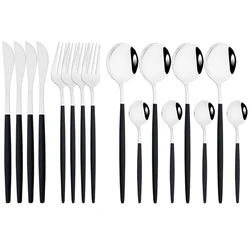 Luxury 16Pcs Black Silver Cutlery Set Knife Fork Tea Spoon Dinnerware Set Stainless Steel Flatware Western Kitchen Tableware Set