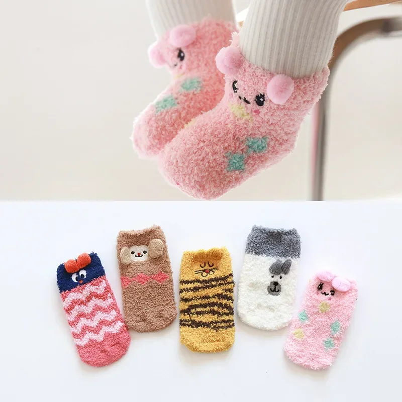 1 Pair Warm Infant Baby Sock for Boy Girl Cute Cartoon Animal Newborn Floor Sock Lovely Winter Warm Toddler Coral Fleece Socks