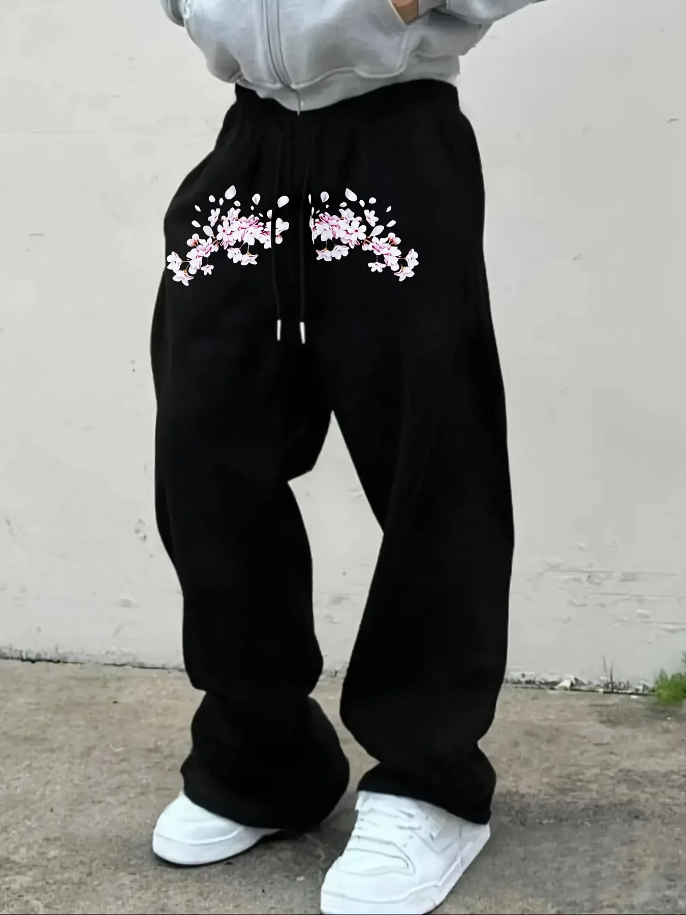 Men's Casual Sports Jogging Pants, Cherry Blossom Printed Sweatpants, Drawstring Wide Leg Casual Pants