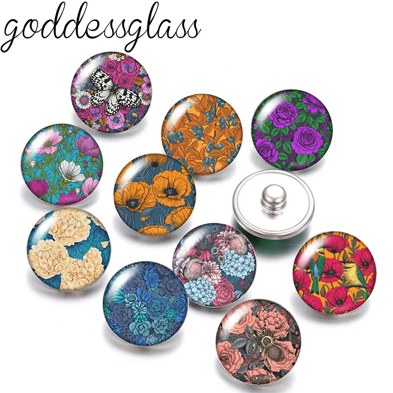 

New painting Flowers Birds Butterfly 10pcs Round photo 12mm/18mm snap buttons for 12mm/18mm snap necklace DIY findings jewelry